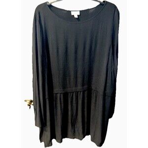 J Jill Babydoll Top Womens Size XL Long Sleeve Rayon Pleated Black Blouse